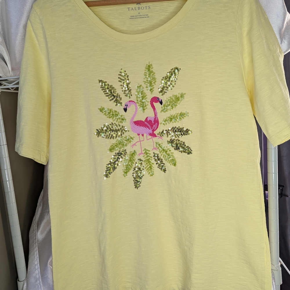 Talbots Pale Yellow Short-Sleeve Tee with Pink Sequin Flamingos A-1011
